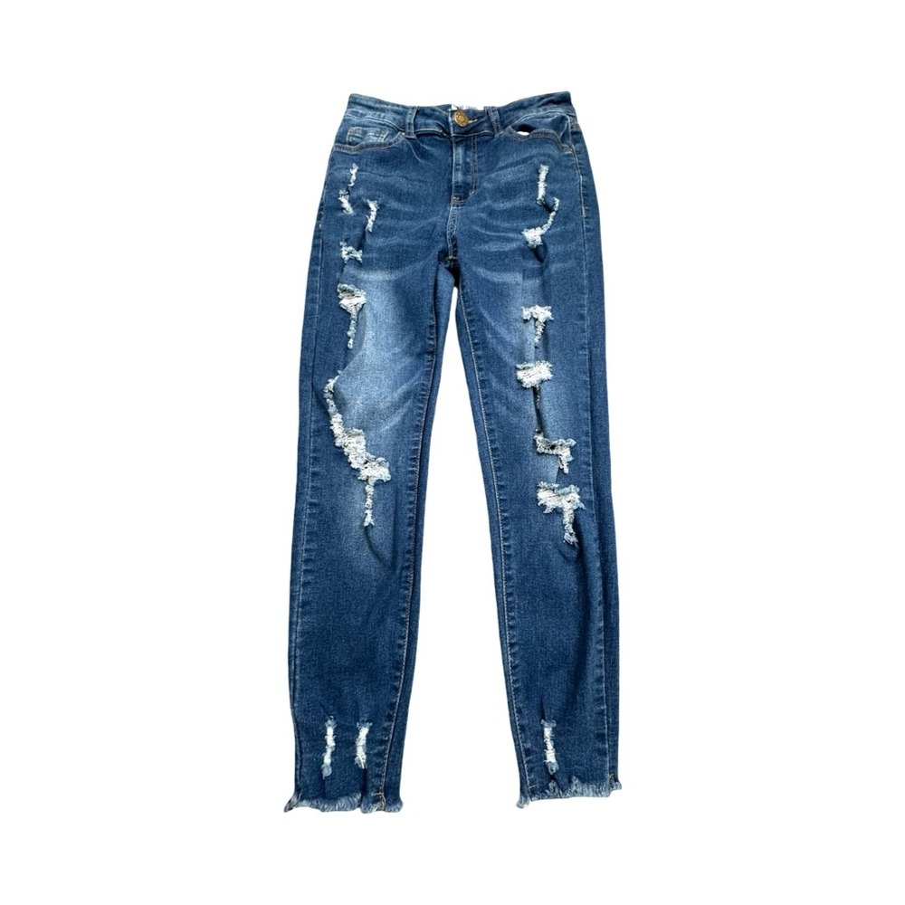 Blue Savvy Distressed Skinny Jeans Womens 7/28 Blue Ripped Frayed Hem High Rise